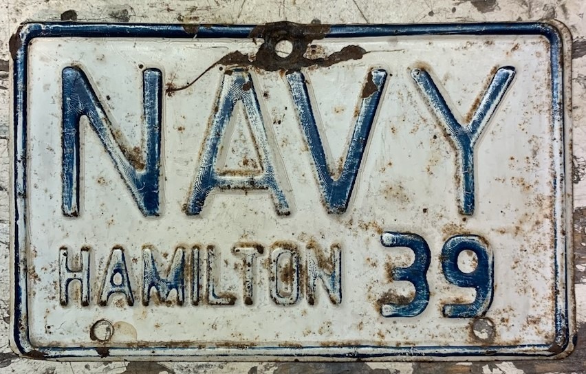 licence plate with Navy Hamilton 39 on it